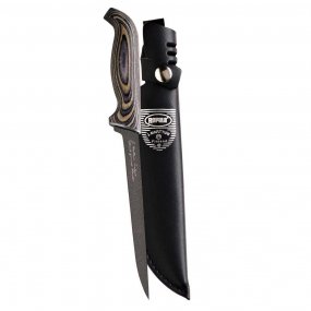 filekniv med svart blad och brunt handtag med svart skydd på sidan